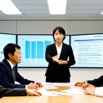 A modern Japanese corporate legal professional, male or female, embodying a "proactive" stance. They are confidently engaging with business executives in a bright, collaborative meeting space, gesturing towards a futuristic display that visualizes strategic growth opportunities, not just risks. The scene should convey dynamism, innovation, and a clear shift from reactive defense to active value creation, with a focus on human interaction over piles of paper. High resolution, professional photo, vibrant atmosphere.
