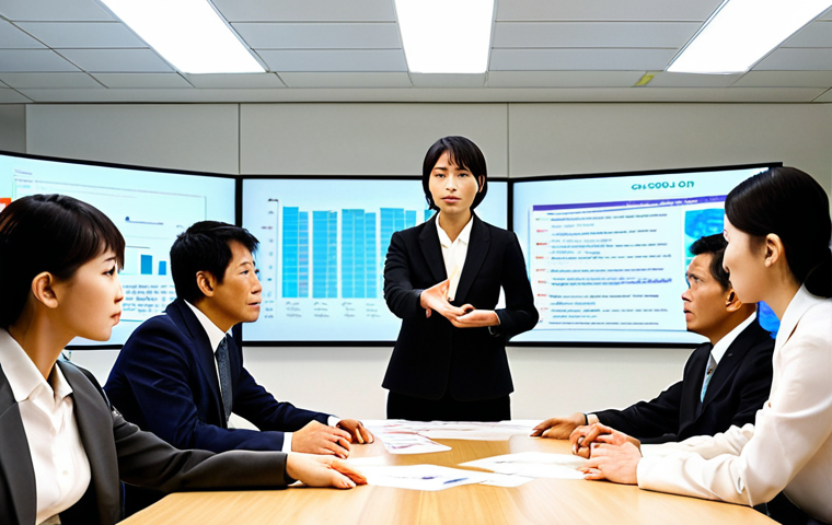 A modern Japanese corporate legal professional, male or female, embodying a "proactive" stance. They are confidently engaging with business executives in a bright, collaborative meeting space, gesturing towards a futuristic display that visualizes strategic growth opportunities, not just risks. The scene should convey dynamism, innovation, and a clear shift from reactive defense to active value creation, with a focus on human interaction over piles of paper. High resolution, professional photo, vibrant atmosphere.