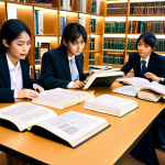 Aspiring Lawyers Studying**

Prompt: A group of young, diverse Japanese law students studying diligently together in a modern library setting. Books and legal documents are spread across the table. Soft, warm lighting. Focus on collaboration and determination. A subtle AI/tech element (like a holographic legal code projection) is present but not dominant, symbolizing technology's support in their studies.

**