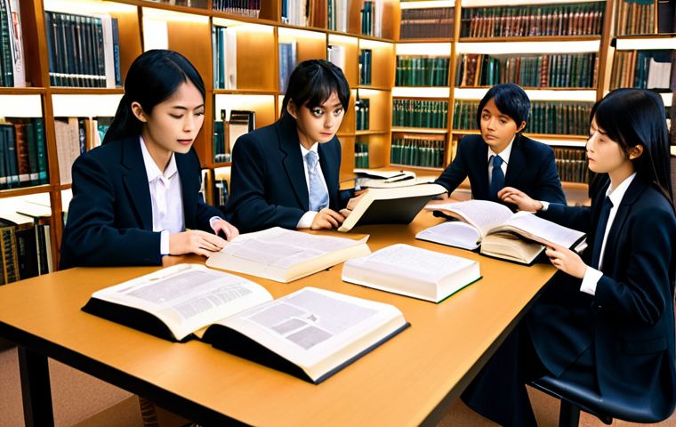 Aspiring Lawyers Studying**

Prompt: A group of young, diverse Japanese law students studying diligently together in a modern library setting. Books and legal documents are spread across the table. Soft, warm lighting. Focus on collaboration and determination. A subtle AI/tech element (like a holographic legal code projection) is present but not dominant, symbolizing technology's support in their studies.

**