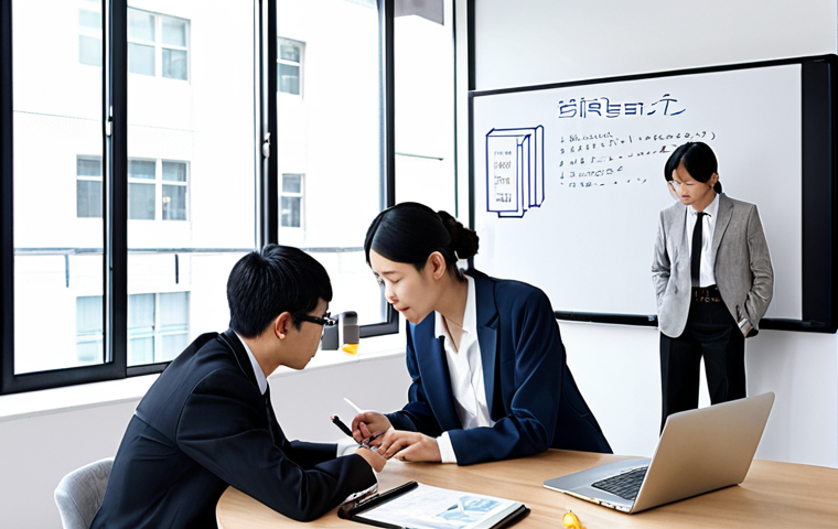 **Image Prompt:** A diverse group of legal professionals (弁護士) collaborating in a modern, light-filled co-working space. Some are reviewing documents on laptops, others are discussing strategy on a whiteboard covered in legal terms and tech-related keywords like "AI," "リーガルテック," and "データ分析." The overall atmosphere is collaborative and forward-thinking. Consider a Japanese aesthetic for the clothing styles and general design elements. The image should convey the idea of lawyers embracing technology and new career paths. Keywords: 弁護士, リーガルテック, AI, キャリア, 多様性 (diversity), コラボレーション (collaboration).