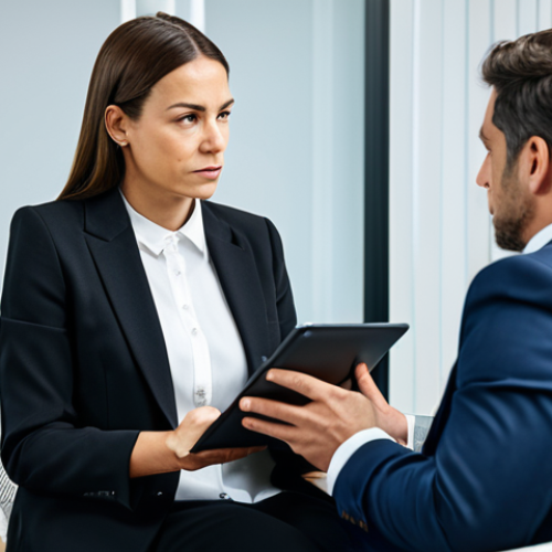 A professional male business owner in a modest business suit, sitting across from a professional female lawyer in a modest business dress in a modern, well-lit law office. They are engaged in a serious discussion, looking at a tablet displaying complex digital contracts. The scene conveys deep thought about legal risks and contract complexities in digital business. fully clothed, appropriate attire, modest clothing, safe for work, appropriate content, professional. perfect anatomy, correct proportions, natural pose, well-formed hands, proper finger count, natural body proportions, professional photography, high quality.