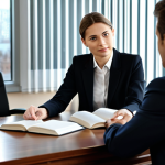 A professional lawyer in a modest business suit, sitting attentively across a polished wooden desk from a client in appropriate business casual attire. The lawyer is leaning slightly forward, listening with an empathetic and understanding expression, while the client is speaking, appearing a bit relieved. The setting is a bright, modern law office with soft, natural lighting, a blurred background of a bookcase filled with legal texts and a cityscape visible through a large window. The atmosphere is calm and trustworthy. fully clothed, appropriate attire, safe for work, appropriate content, professional, perfect anatomy, correct proportions, natural pose, well-formed hands, proper finger count, natural body proportions, professional photography, high quality.