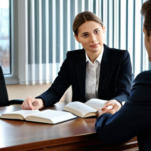 A professional lawyer in a modest business suit, sitting attentively across a polished wooden desk from a client in appropriate business casual attire. The lawyer is leaning slightly forward, listening with an empathetic and understanding expression, while the client is speaking, appearing a bit relieved. The setting is a bright, modern law office with soft, natural lighting, a blurred background of a bookcase filled with legal texts and a cityscape visible through a large window. The atmosphere is calm and trustworthy. fully clothed, appropriate attire, safe for work, appropriate content, professional, perfect anatomy, correct proportions, natural pose, well-formed hands, proper finger count, natural body proportions, professional photography, high quality.