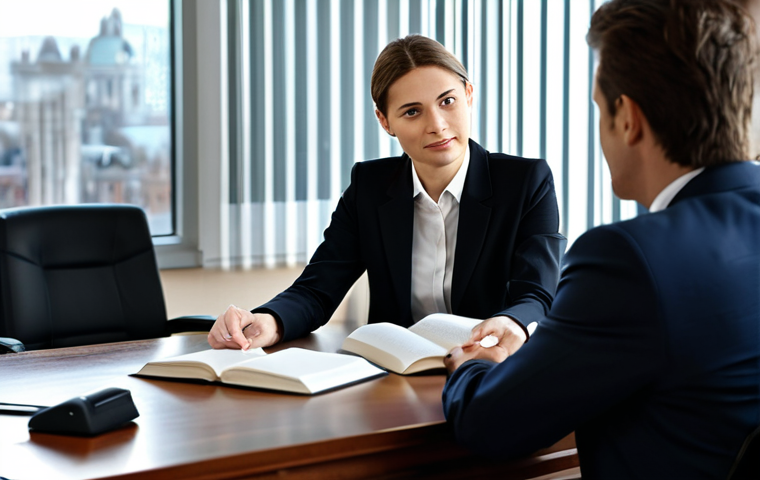 A professional lawyer in a modest business suit, sitting attentively across a polished wooden desk from a client in appropriate business casual attire. The lawyer is leaning slightly forward, listening with an empathetic and understanding expression, while the client is speaking, appearing a bit relieved. The setting is a bright, modern law office with soft, natural lighting, a blurred background of a bookcase filled with legal texts and a cityscape visible through a large window. The atmosphere is calm and trustworthy. fully clothed, appropriate attire, safe for work, appropriate content, professional, perfect anatomy, correct proportions, natural pose, well-formed hands, proper finger count, natural body proportions, professional photography, high quality.