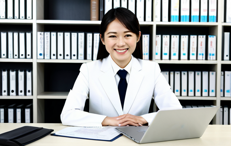 Corporate Lawyer - Specialist**

A confident Japanese businesswoman in a stylish, modest business suit, working on a laptop in a bright, modern office.  Bookshelves filled with legal texts and certificates (ビジネス実務法務検定, 知的財産管理技能士) are in the background.  She is smiling slightly.  Perfect anatomy, correct proportions, well-formed hands, proper finger count, natural body proportions, fully clothed, appropriate attire, safe for work, professional, family-friendly, high quality, professional photography, appropriate content.

**