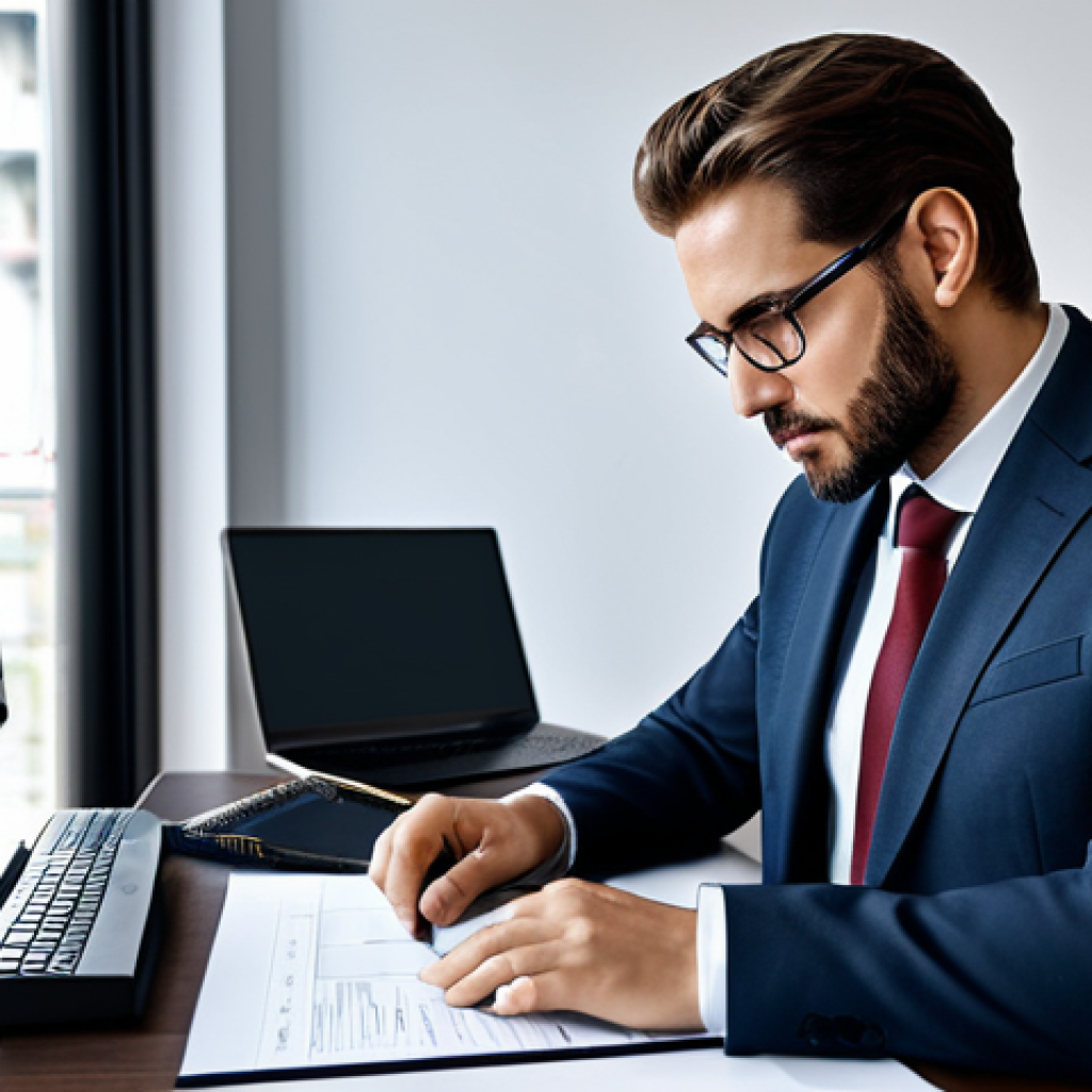"A lawyer in a modern office, using a cloud-based case management system on a computer, reviewing case details, fully clothed, professional attire, organized workspace, safe for work, appropriate content, perfect anatomy, natural pose, high quality"