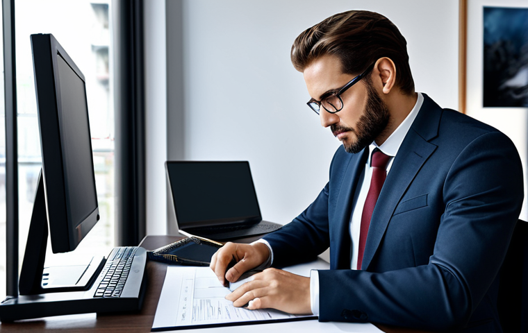 "A lawyer in a modern office, using a cloud-based case management system on a computer, reviewing case details, fully clothed, professional attire, organized workspace, safe for work, appropriate content, perfect anatomy, natural pose, high quality"