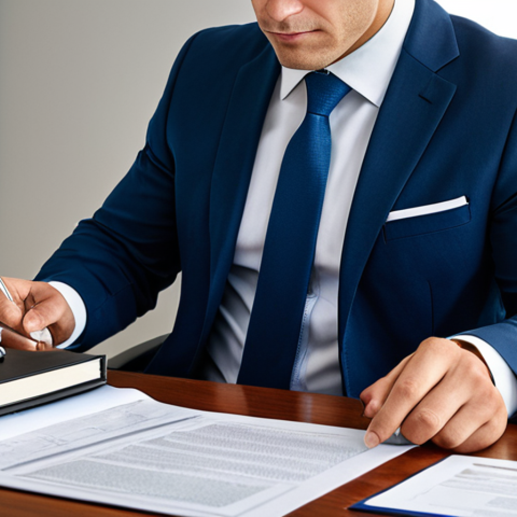 법률자문가의 자격증 준비 - "A confident lawyer in a professional office setting, reviewing documents, fully clothed in a modest...