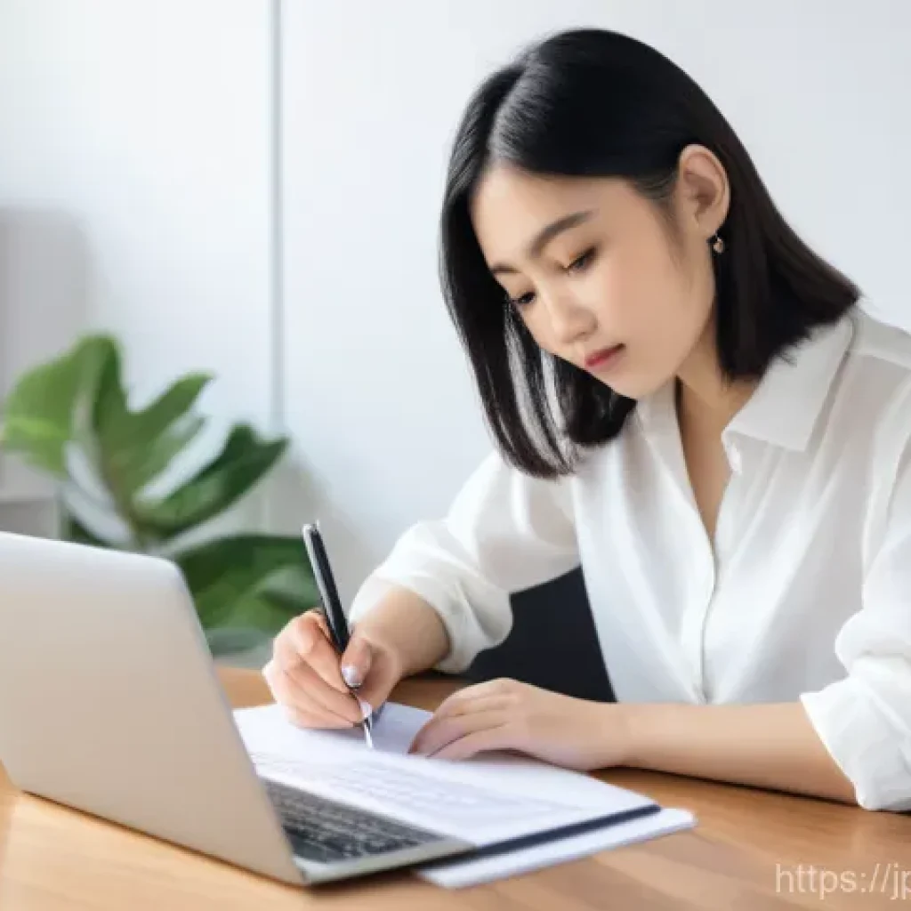 법률 실무 교육 - **Prompt:** A modern, clean home office with natural light streaming in. A focused young Japanese wo...