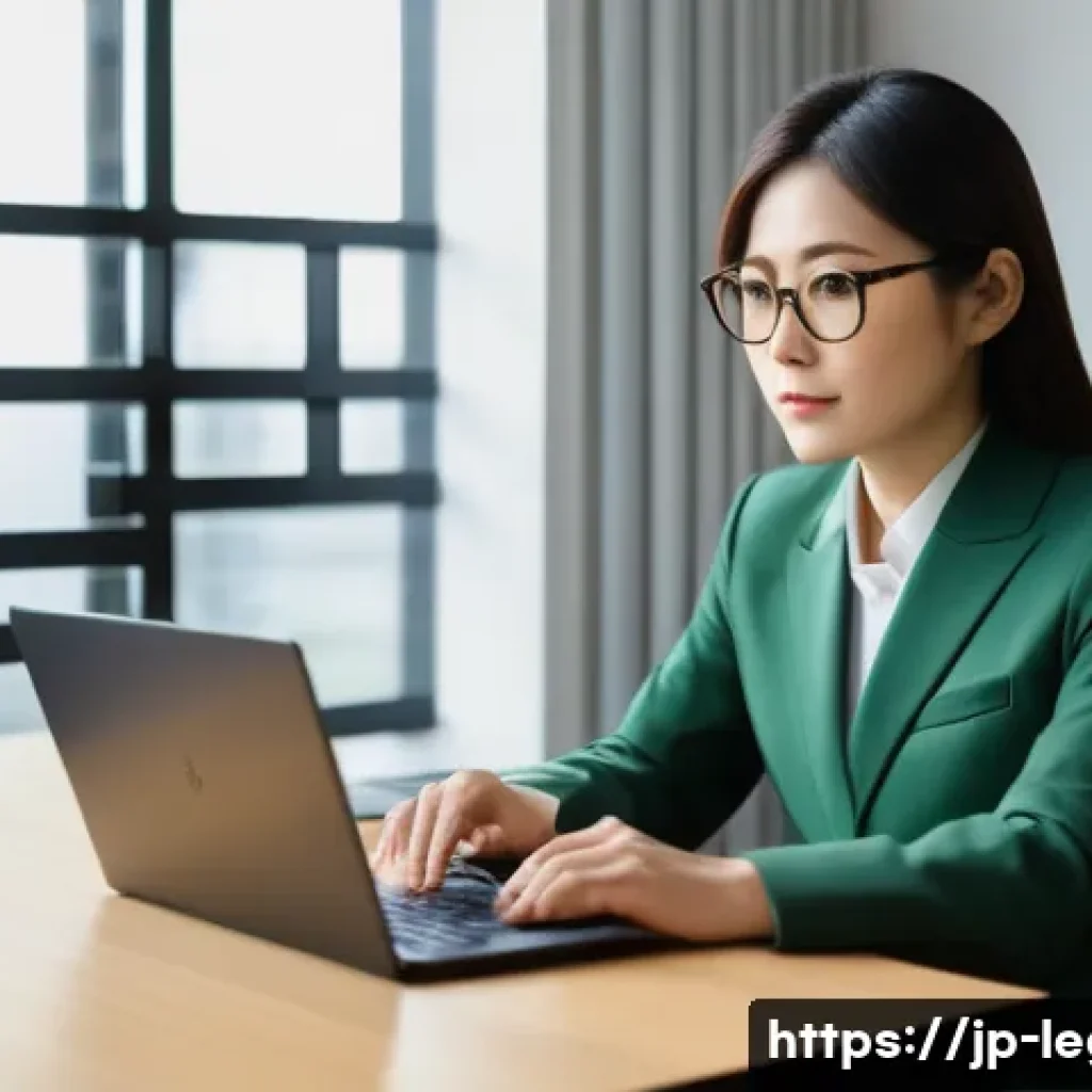법률 자문가 인터뷰 준비 - A modern Japanese office scene showing a professional female legal expert in her 30s wearing a smart...