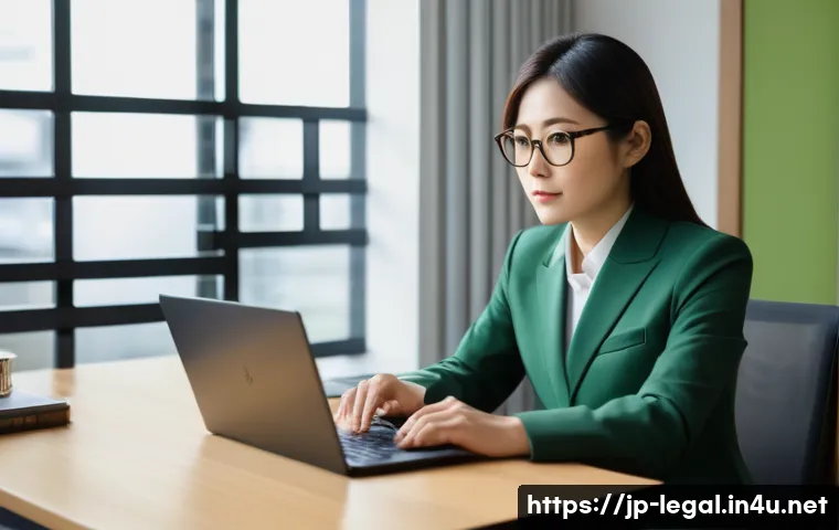 법률 자문가 인터뷰 준비 - A modern Japanese office scene showing a professional female legal expert in her 30s wearing a smart...