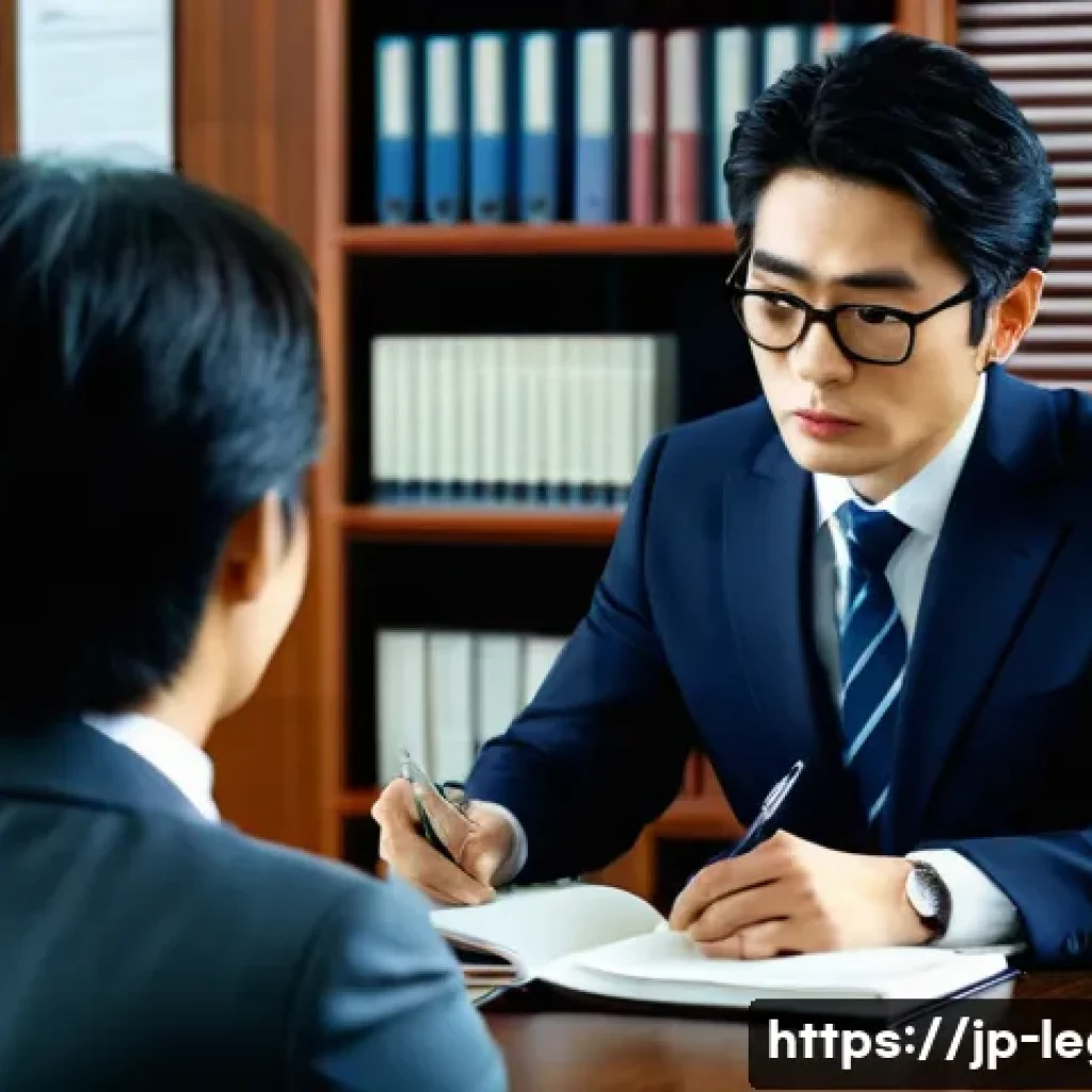 법률자문가의 업무에 대한 동기부여 - A professional Japanese lawyer in a modern office setting, wearing a neat dark suit and glasses, att...