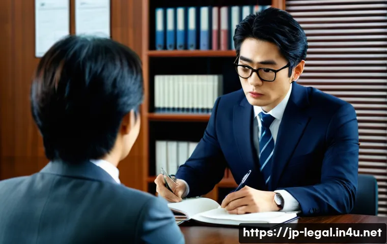 법률자문가의 업무에 대한 동기부여 - A professional Japanese lawyer in a modern office setting, wearing a neat dark suit and glasses, att...