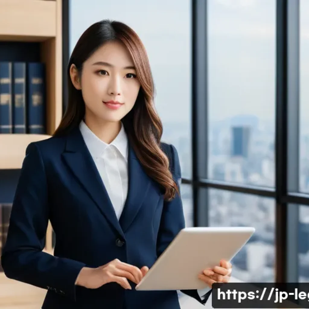 법률자문가의 연차별 커리어 개발 - A modern Japanese law office scene featuring a confident young female lawyer in her late 20s, dresse...