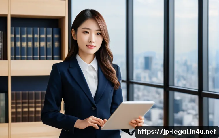 법률자문가의 연차별 커리어 개발 - A modern Japanese law office scene featuring a confident young female lawyer in her late 20s, dresse...