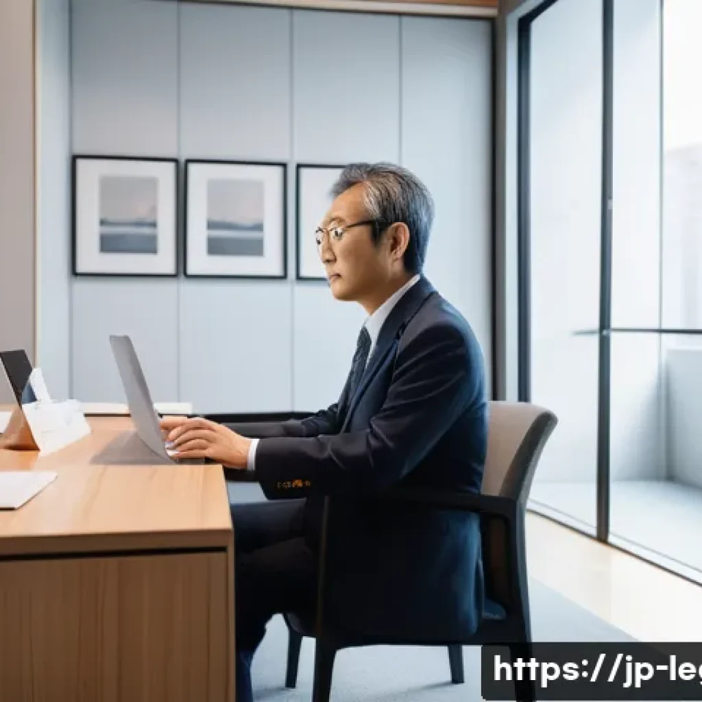 법률 자문가의 사건 처리 과정 - A modern Japanese legal consultation scene in a bright, clean office, featuring a middle-aged lawyer...