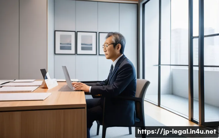 법률 자문가의 사건 처리 과정 - A modern Japanese legal consultation scene in a bright, clean office, featuring a middle-aged lawyer...