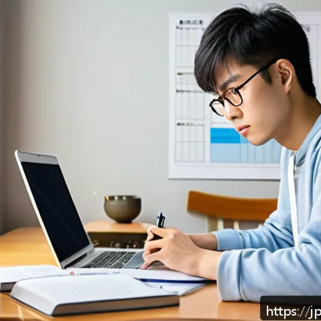 법률 자문가 자격증 시험 팁 - A focused Japanese student studying efficiently in a modern, cozy room with natural light, using a w...