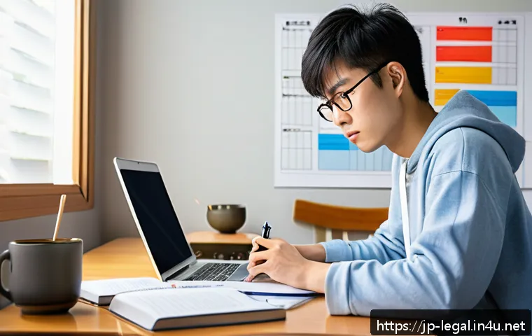 법률 자문가 자격증 시험 팁 - A focused Japanese student studying efficiently in a modern, cozy room with natural light, using a w...
