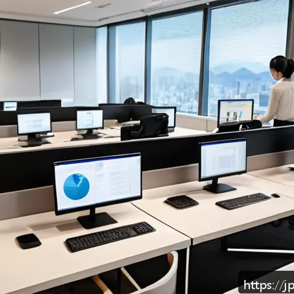 법률 자문가의 직장 내 직무 조정 - A modern Japanese office scene showing diverse employees engaged in a flexible work environment, inc...