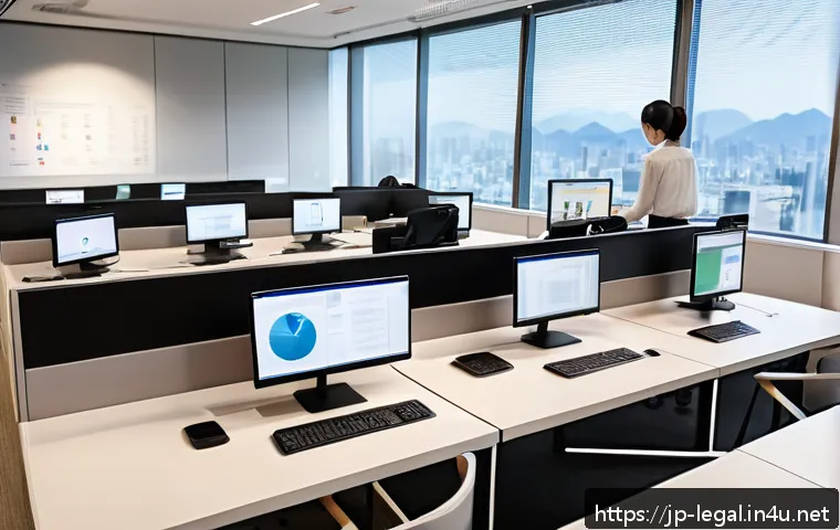 법률 자문가의 직장 내 직무 조정 - A modern Japanese office scene showing diverse employees engaged in a flexible work environment, inc...