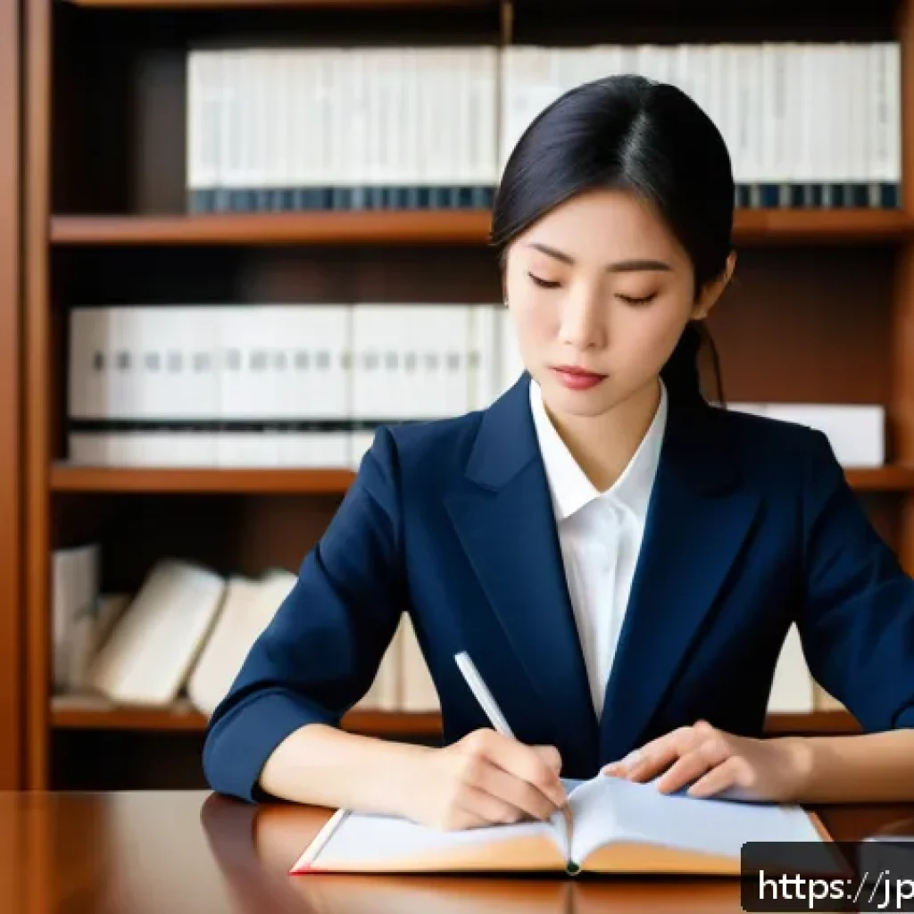 법률자문가의 경험 기반 학습 - A modern Japanese legal office setting featuring a focused young Japanese professional woman in busi...