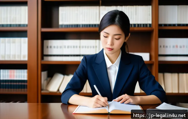 법률자문가의 경험 기반 학습 - A modern Japanese legal office setting featuring a focused young Japanese professional woman in busi...