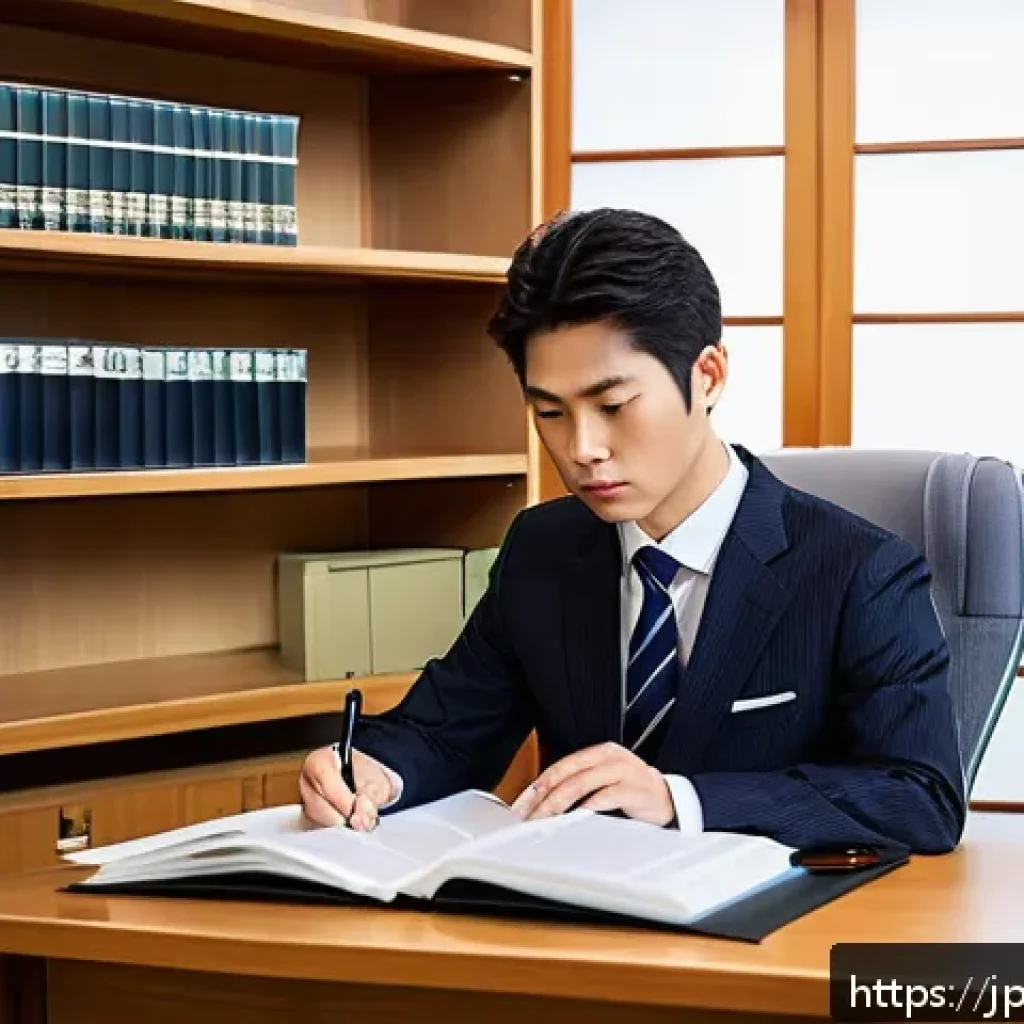 법률 자문가의 이론과 실무 적용법 - A modern Japanese legal office scene with a young professional lawyer analyzing case files and digit...