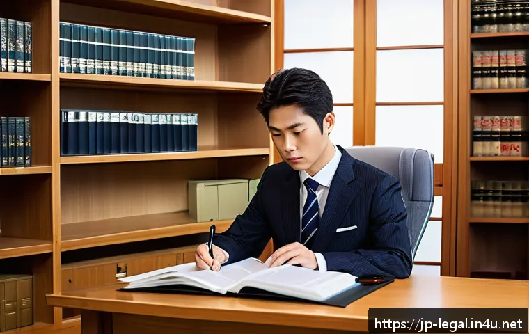 법률 자문가의 이론과 실무 적용법 - A modern Japanese legal office scene with a young professional lawyer analyzing case files and digit...
