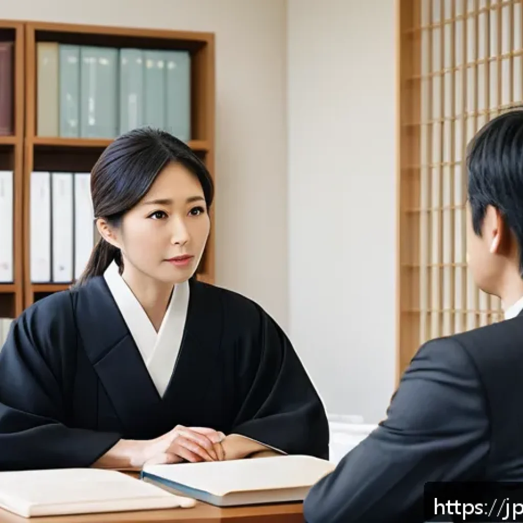 법률자문가의 업무 스킬 - A modern Japanese legal consultation office scene featuring a professional female lawyer attentively...