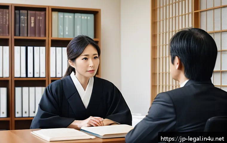 법률자문가의 업무 스킬 - A modern Japanese legal consultation office scene featuring a professional female lawyer attentively...