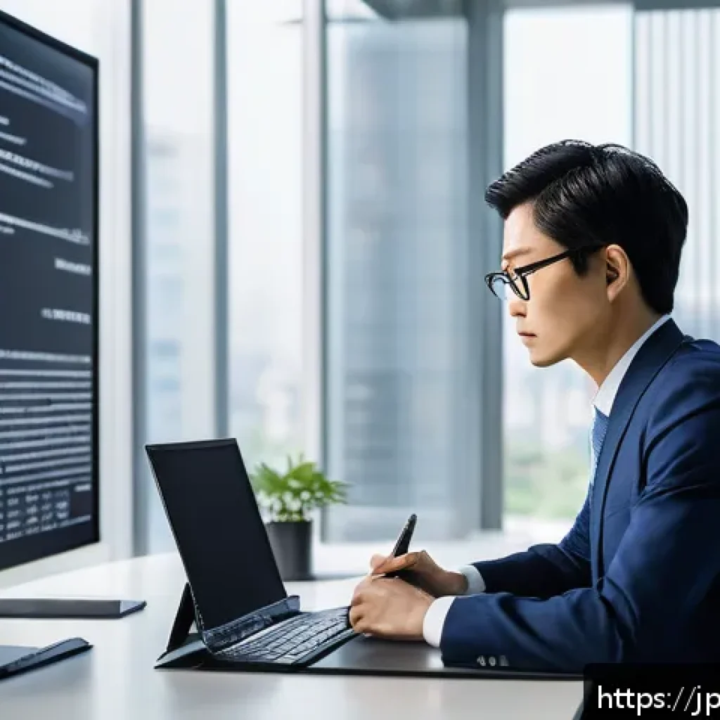 법률 자문가의 직무 분석 - A modern Japanese corporate legal advisor in a sleek office setting, wearing a professional business...