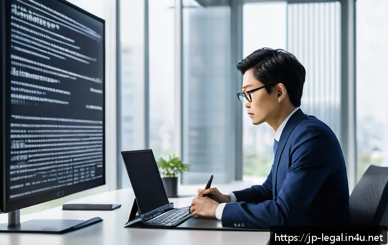 법률 자문가의 직무 분석 - A modern Japanese corporate legal advisor in a sleek office setting, wearing a professional business...