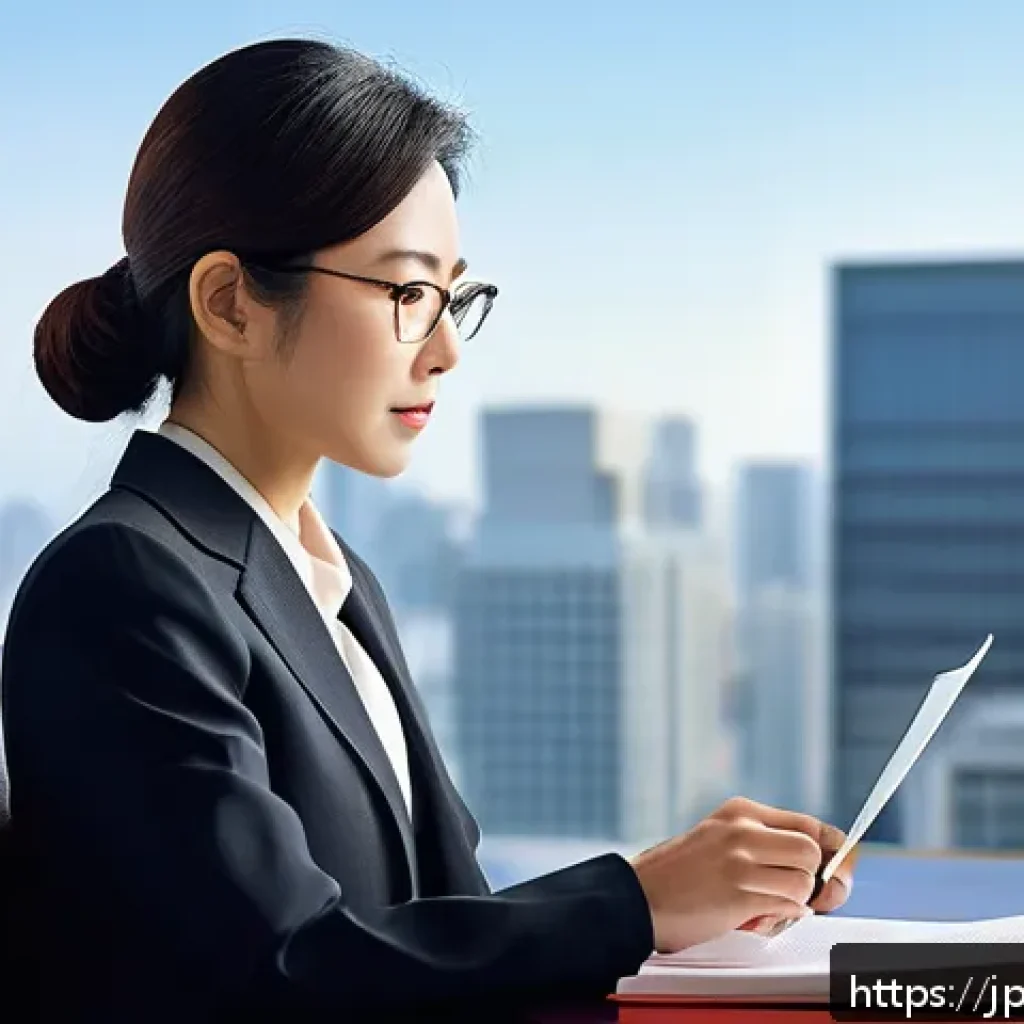 법률 자문가의 법률 연구 - A modern Japanese office setting with a professional woman in business attire sitting at a sleek des...