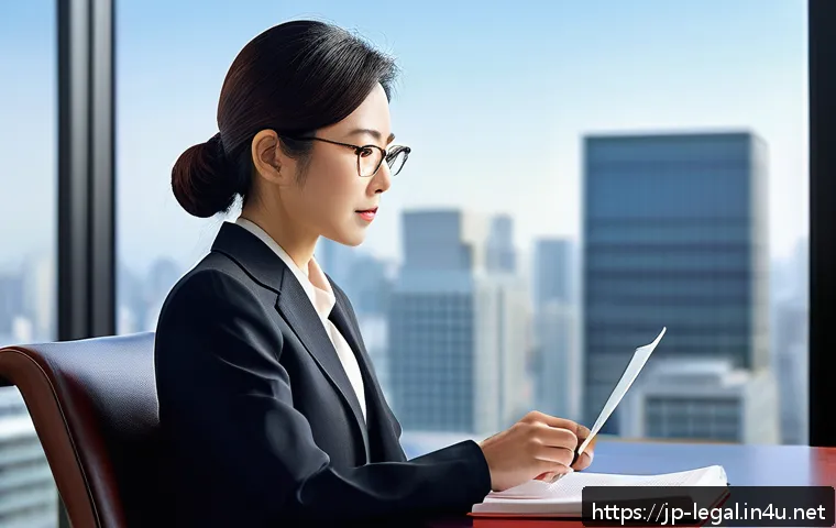 법률 자문가의 법률 연구 - A modern Japanese office setting with a professional woman in business attire sitting at a sleek des...