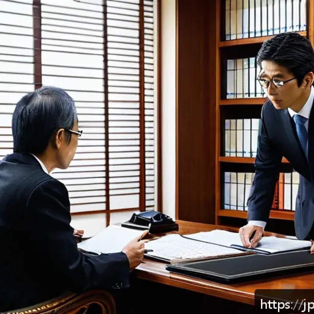 법률 자문가의 전문 분야 선택 - A modern Japanese law office interior with a professional lawyer consulting a middle-aged Japanese c...
