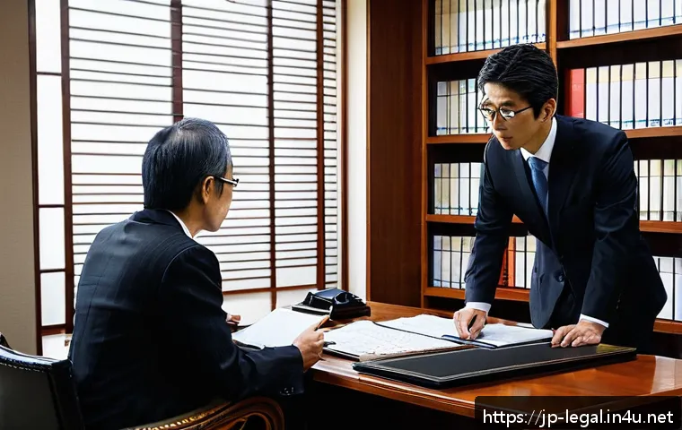 법률 자문가의 전문 분야 선택 - A modern Japanese law office interior with a professional lawyer consulting a middle-aged Japanese c...