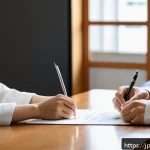 법률자문가의 법률서식 작성법 - A professional Japanese business setting with two people signing a detailed contract document, both ...