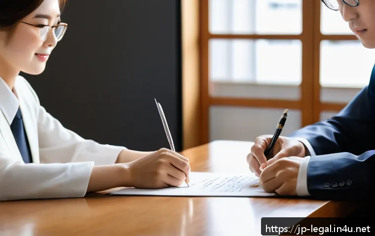 법률자문가의 법률서식 작성법 - A professional Japanese business setting with two people signing a detailed contract document, both ...
