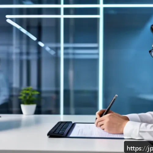 법률 자문가의 직무 세부 사항 - A modern Japanese office scene with a professional legal advisor reviewing detailed contracts on a s...
