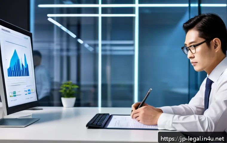 법률 자문가의 직무 세부 사항 - A modern Japanese office scene with a professional legal advisor reviewing detailed contracts on a s...