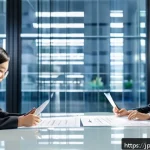 법률 자문가의 비즈니스 계약 자문 - A modern Japanese office setting with professionals reviewing a detailed contract document on a slee...
