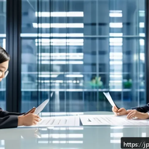 법률 자문가의 비즈니스 계약 자문 - A modern Japanese office setting with professionals reviewing a detailed contract document on a slee...