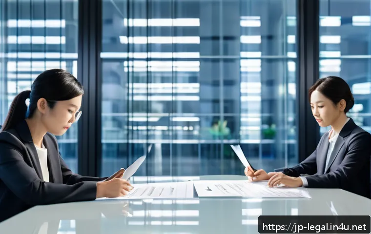 법률 자문가의 비즈니스 계약 자문 - A modern Japanese office setting with professionals reviewing a detailed contract document on a slee...