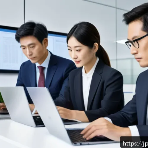 법률 자문가의 경쟁력 강화 방법 - A modern Japanese legal office scene featuring a diverse team of professionals collaborating remotel...