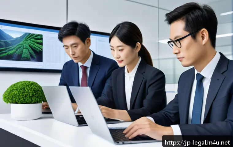 법률 자문가의 경쟁력 강화 방법 - A modern Japanese legal office scene featuring a diverse team of professionals collaborating remotel...