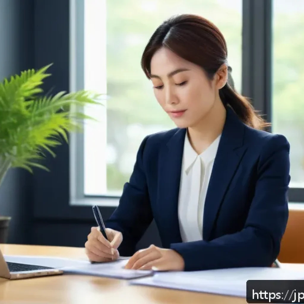 법률자문가의 이론과 실무 - A calm and composed Japanese businesswoman in her early 30s sitting at a modern office desk, taking ...