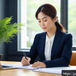 법률자문가의 이론과 실무 - A calm and composed Japanese businesswoman in her early 30s sitting at a modern office desk, taking ...