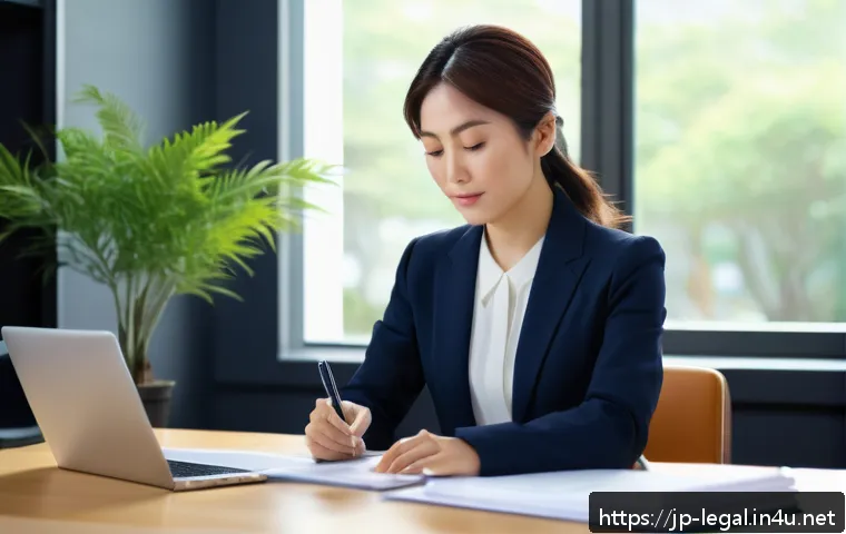 법률자문가의 이론과 실무 - A calm and composed Japanese businesswoman in her early 30s sitting at a modern office desk, taking ...